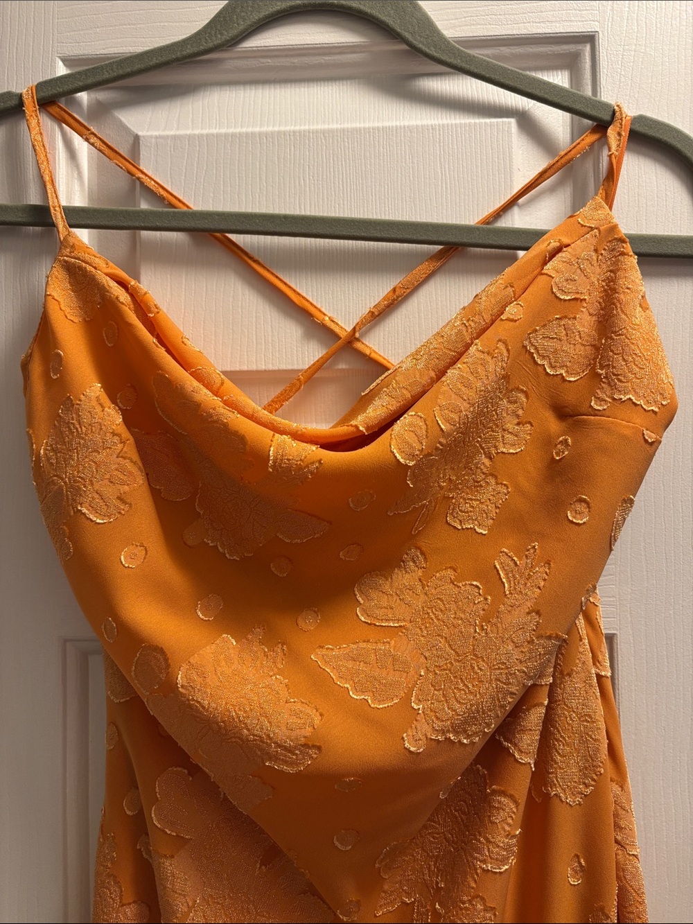 Creamsicle Orange Cowl-Neck Midi Dress with Floral Jacquard - Picture 2 of 5
